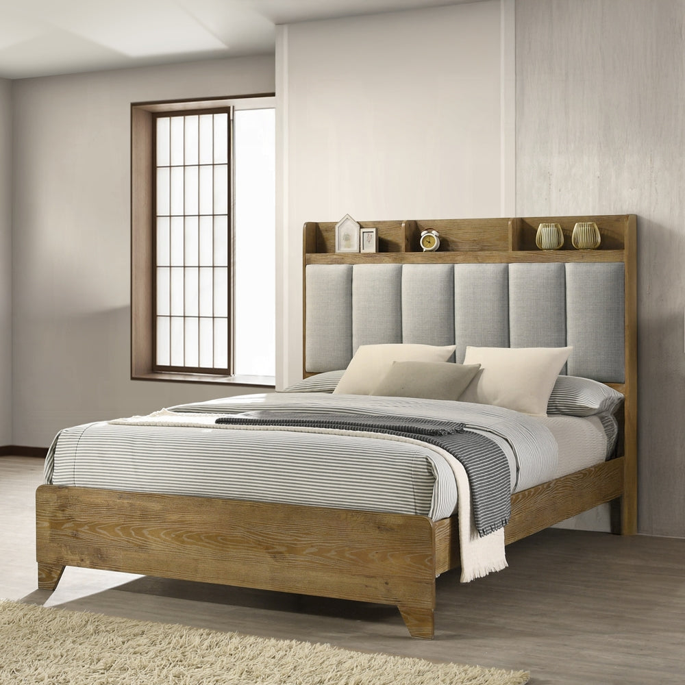 Transitional Brown Finish 1pc Queen Size Bed Upholstered Headboard USB Ports Wooden Bedroom Furniture