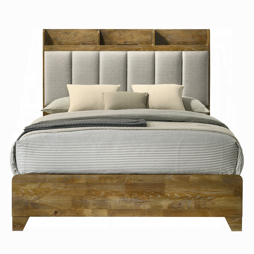 Transitional Brown Finish 1pc Queen Size Bed Upholstered Headboard USB Ports Wooden Bedroom Furniture