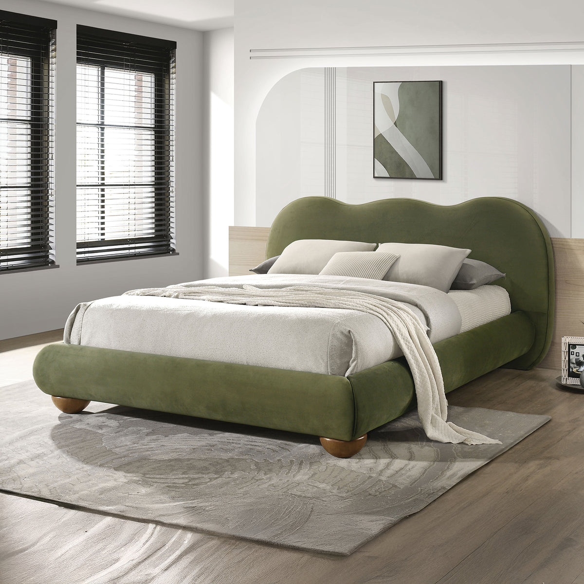 Olive Green Color 1pc Queen Size Bed Boucle Upholstered Round Bun Wood Feet Bedroom Furniture