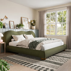 Olive Green Color 1pc Queen Size Bed Boucle Upholstered Round Bun Wood Feet Bedroom Furniture