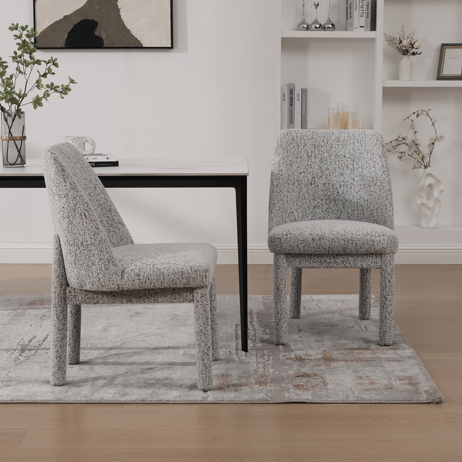 21.46" Wide Modern Minimalist Dining Chair Set Of Two, Chenille Upholstered, Rubberwood Legs, High Curved Backrest, Suitable For Dining Room, Kitchen, Living Room, Bedroom, Apartment, White/Black