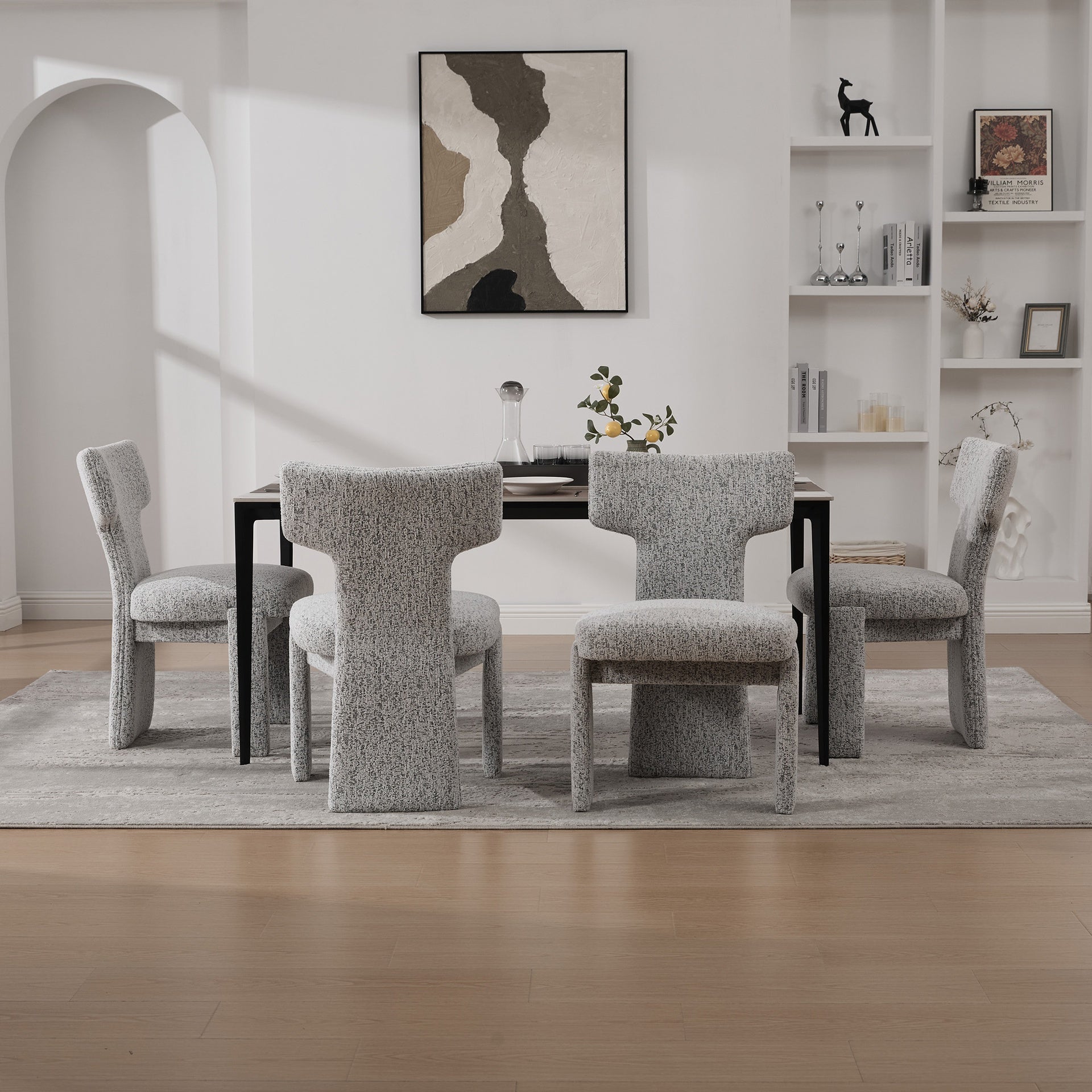 22.05" Wide Modern Upholstered Chenille Dining Chair Set of 4 with Rubberwood Legs, Armless Curved Back Accent Chairs for Living Room Bedroom Restaurant Cafes Dining Room Reception, White/Black