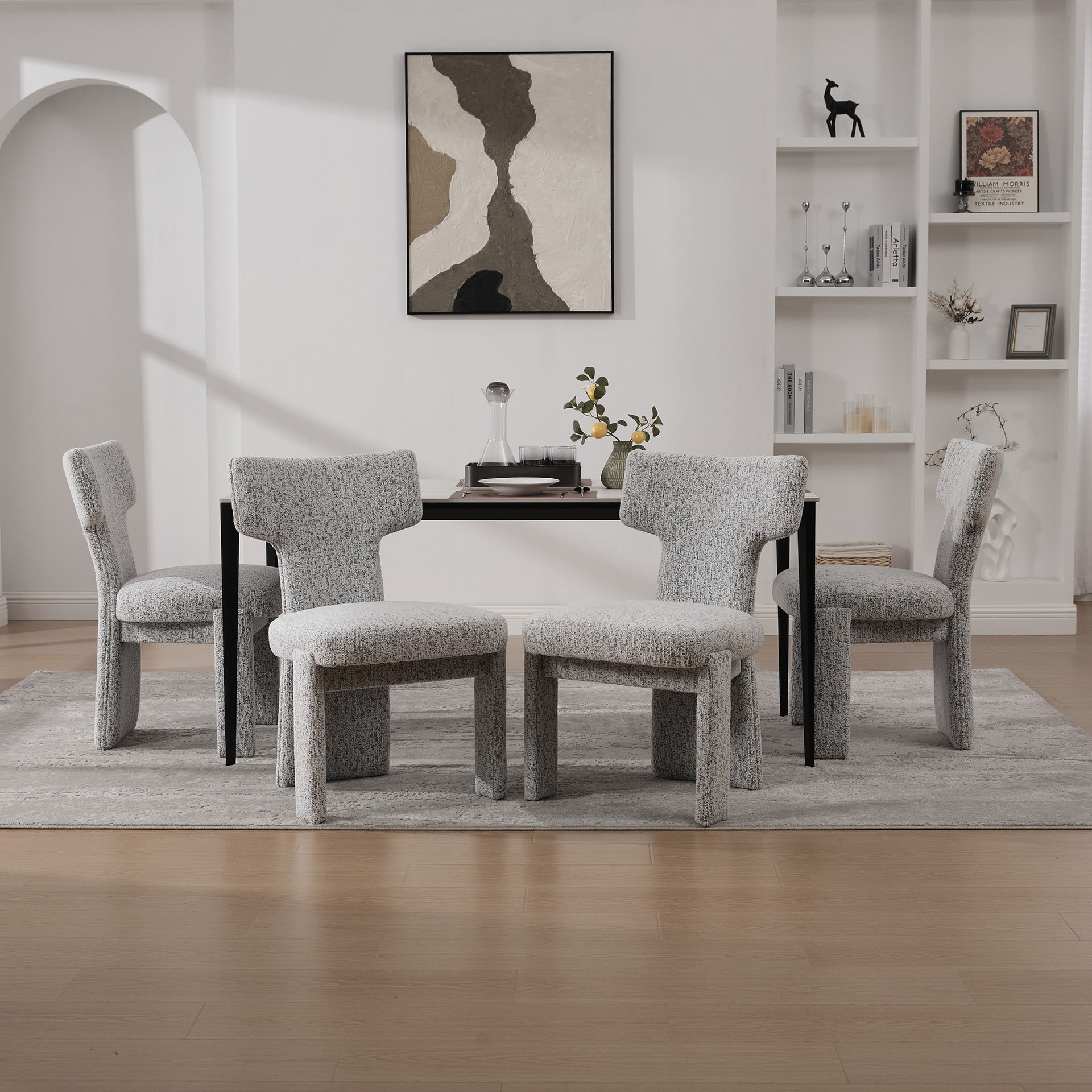 22.05" Wide Modern Upholstered Chenille Dining Chair Set of 4 with Rubberwood Legs, Armless Curved Back Accent Chairs for Living Room Bedroom Restaurant Cafes Dining Room Reception, White/Black