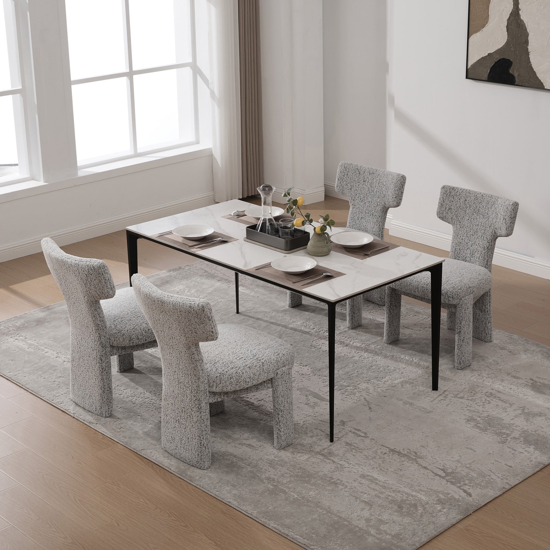 22.05" Wide Modern Upholstered Chenille Dining Chair Set of 4 with Rubberwood Legs, Armless Curved Back Accent Chairs for Living Room Bedroom Restaurant Cafes Dining Room Reception, White/Black
