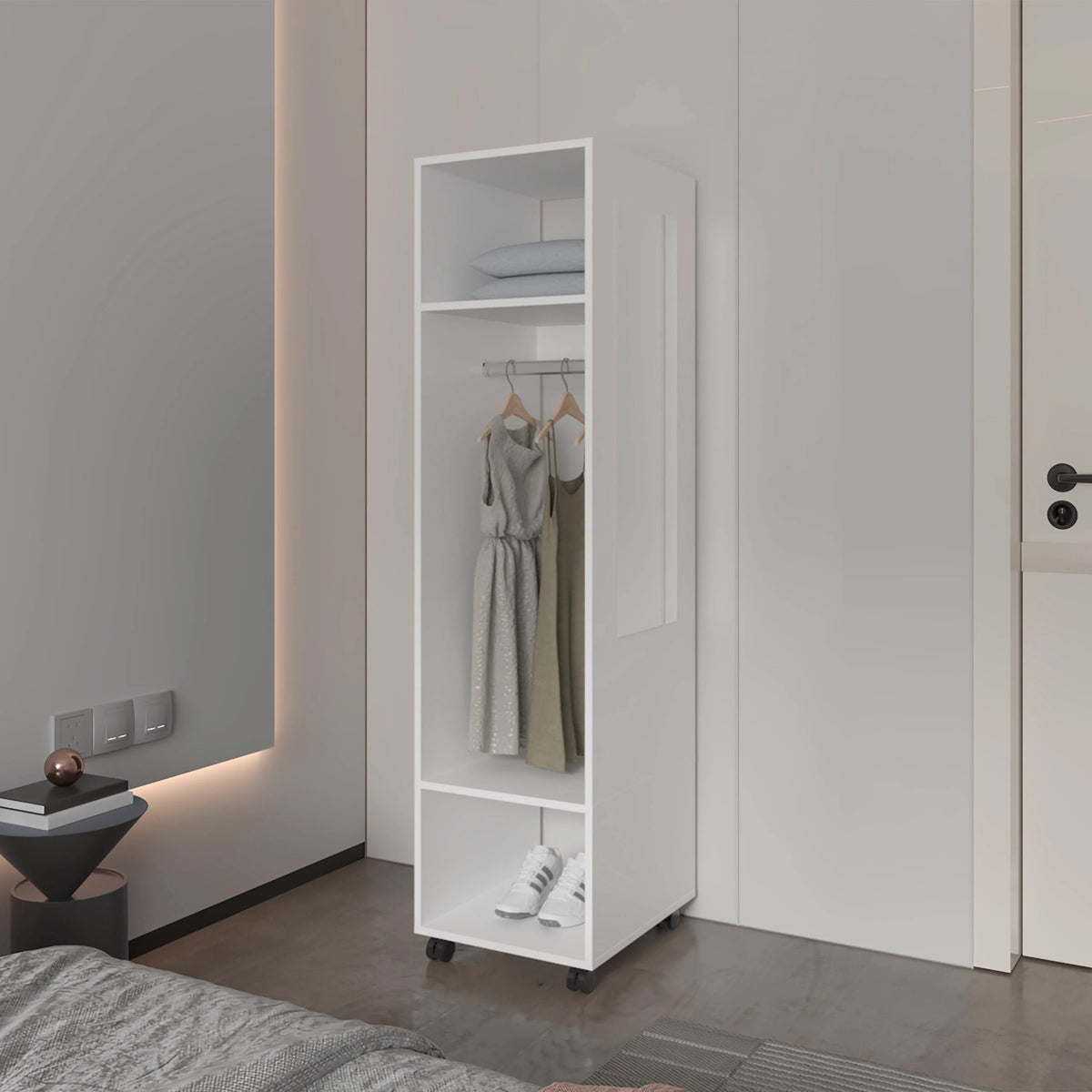 White 3-Shelf Wardrobe with Mirror and Open Storage