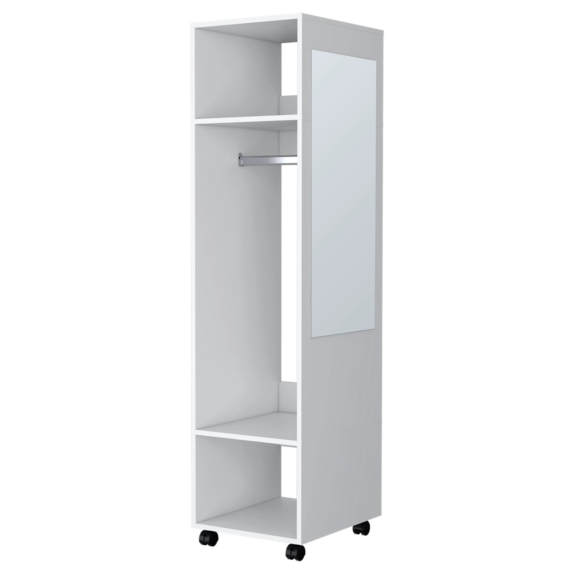 White 3-Shelf Wardrobe with Mirror and Open Storage