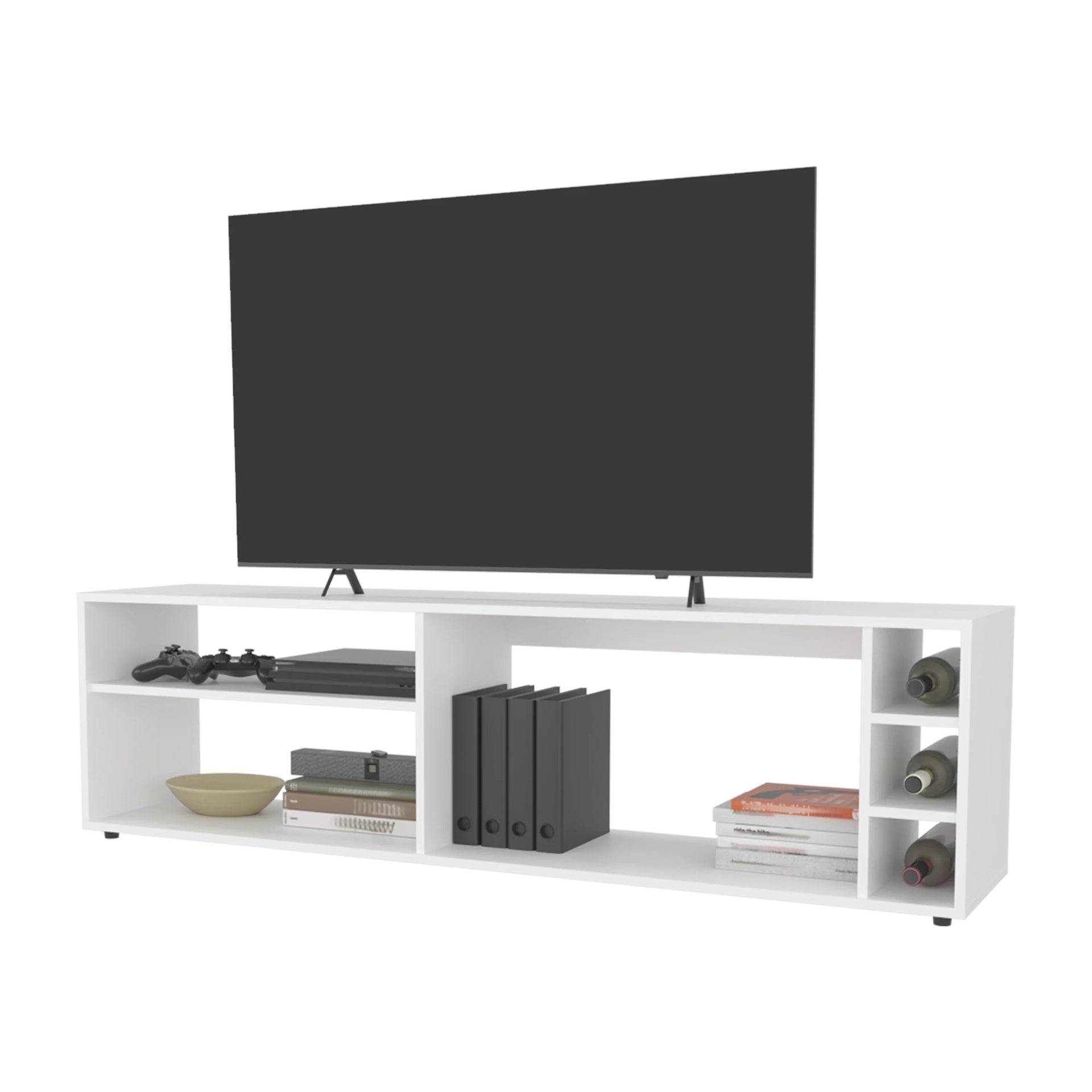 White TV Stand for 70" Screen with Open Storage and Melamine Finish