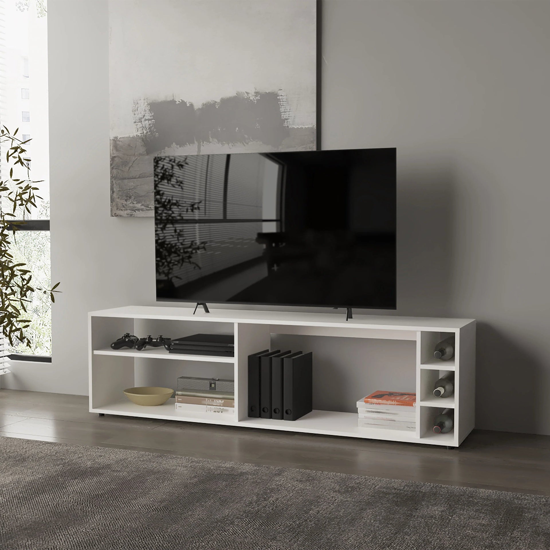 White TV Stand for 70" Screen with Open Storage and Melamine Finish