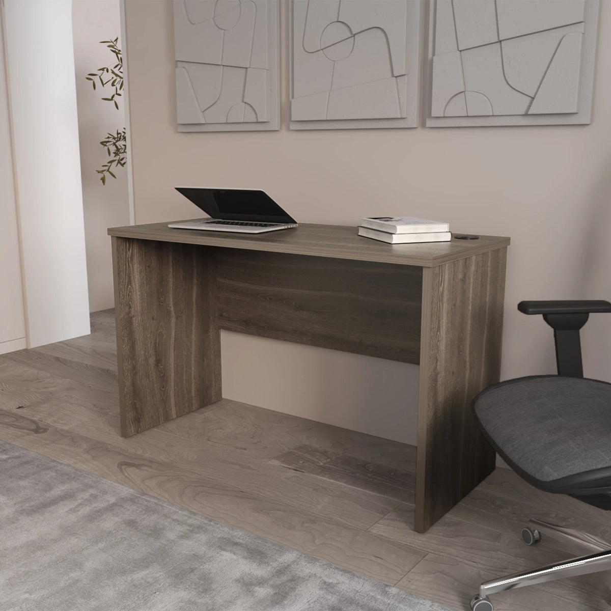 Dark Walnut Minimalist Home Office Work Desk with Cable Management