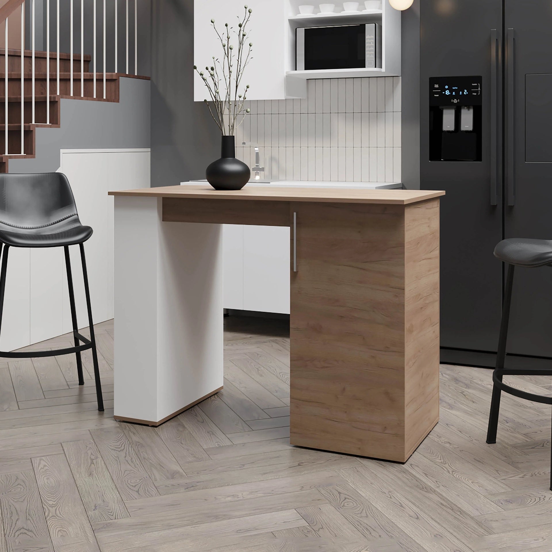 White and Natural Oak Kitchen Island with 1-Door and Open Storage
