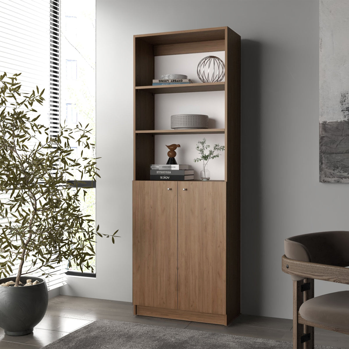 Natural Oak and White 2-Door Bookcase with Open Storage