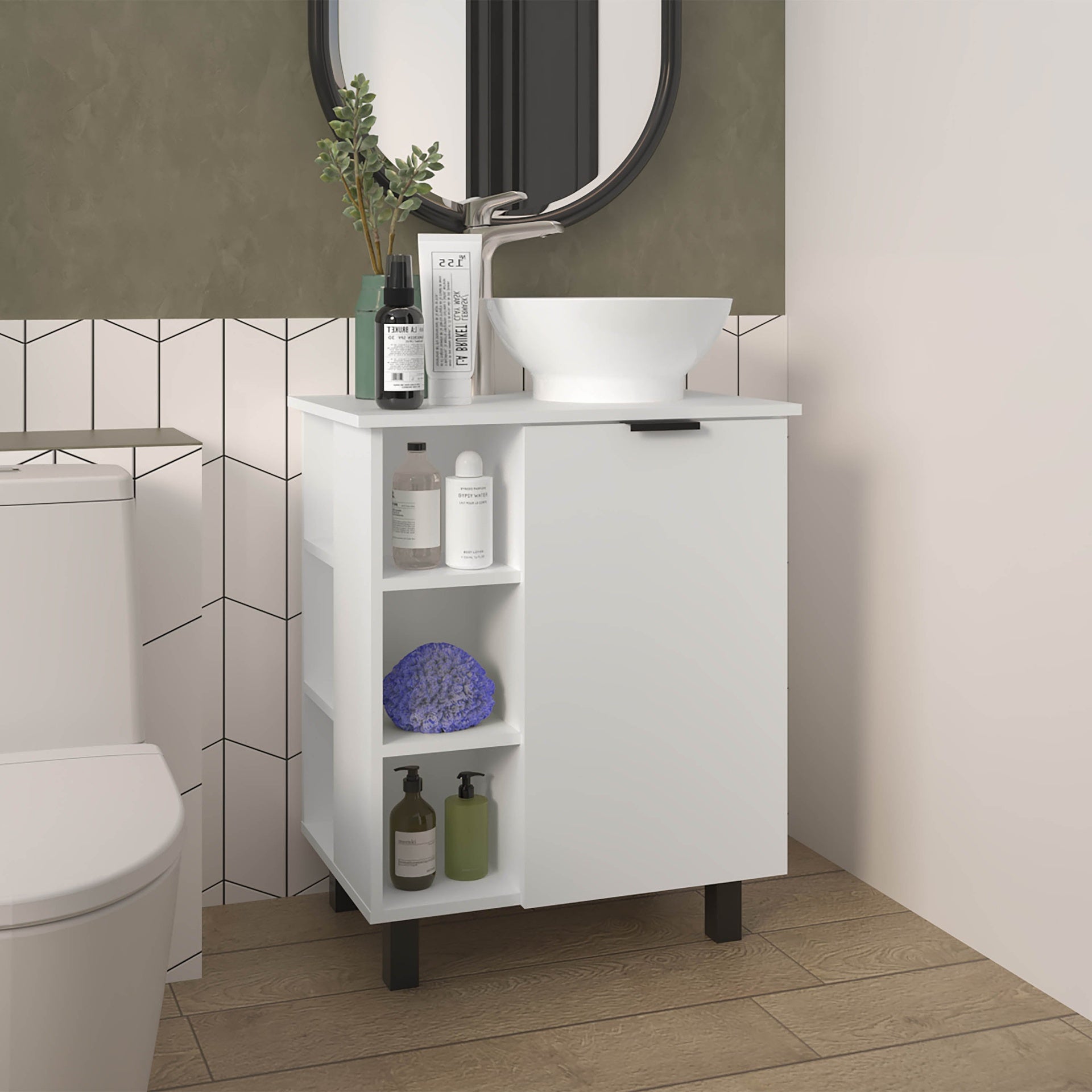 White Bathroom Vanity with 1 Door and 8 Storage Shelf