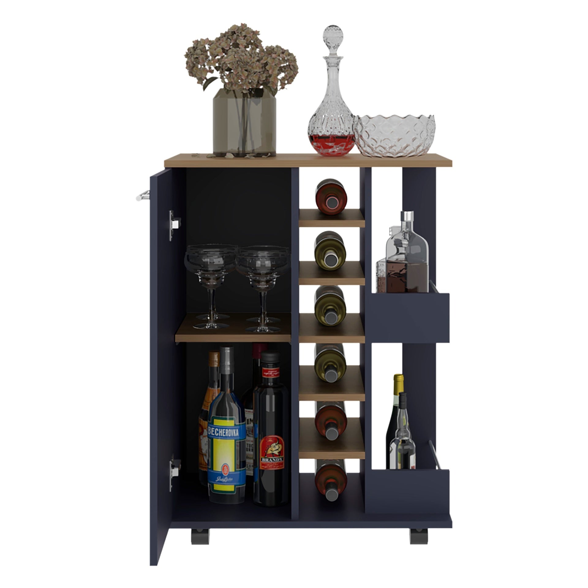 Kronos Ash and Kronos Blue Bar Cabinet with Bottle Racks