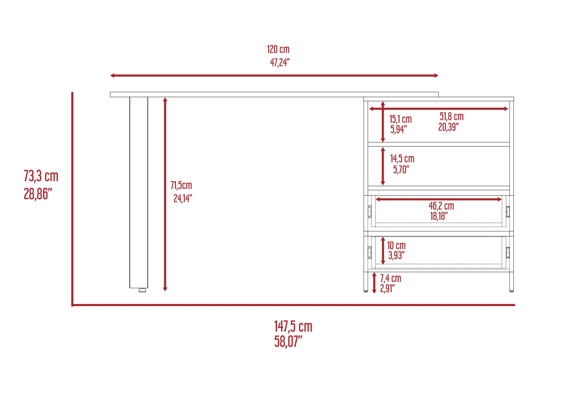 Light Gray 2-Drawer 2-Shelf Writing Desk
