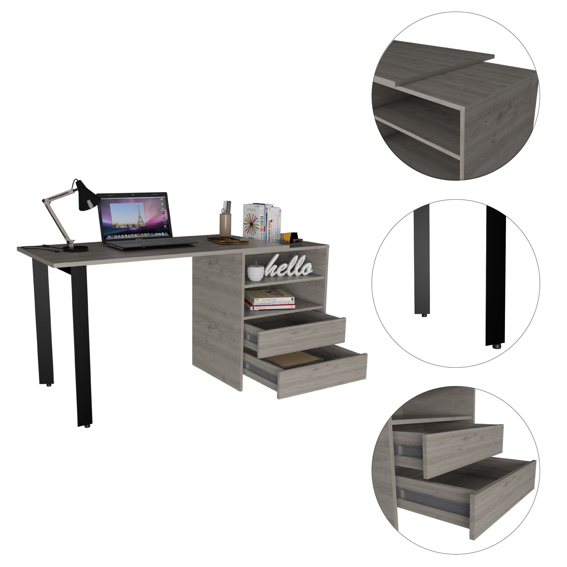 Light Gray 2-Drawer 2-Shelf Writing Desk