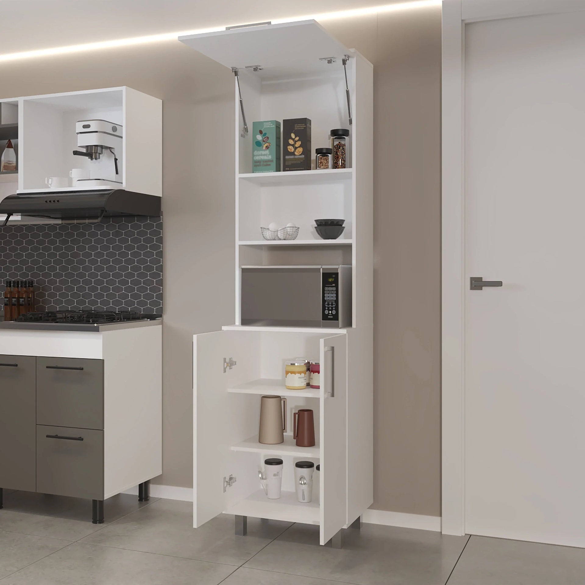 White Kitchen Pantry with 2-Pneumatic Door and Open Storage