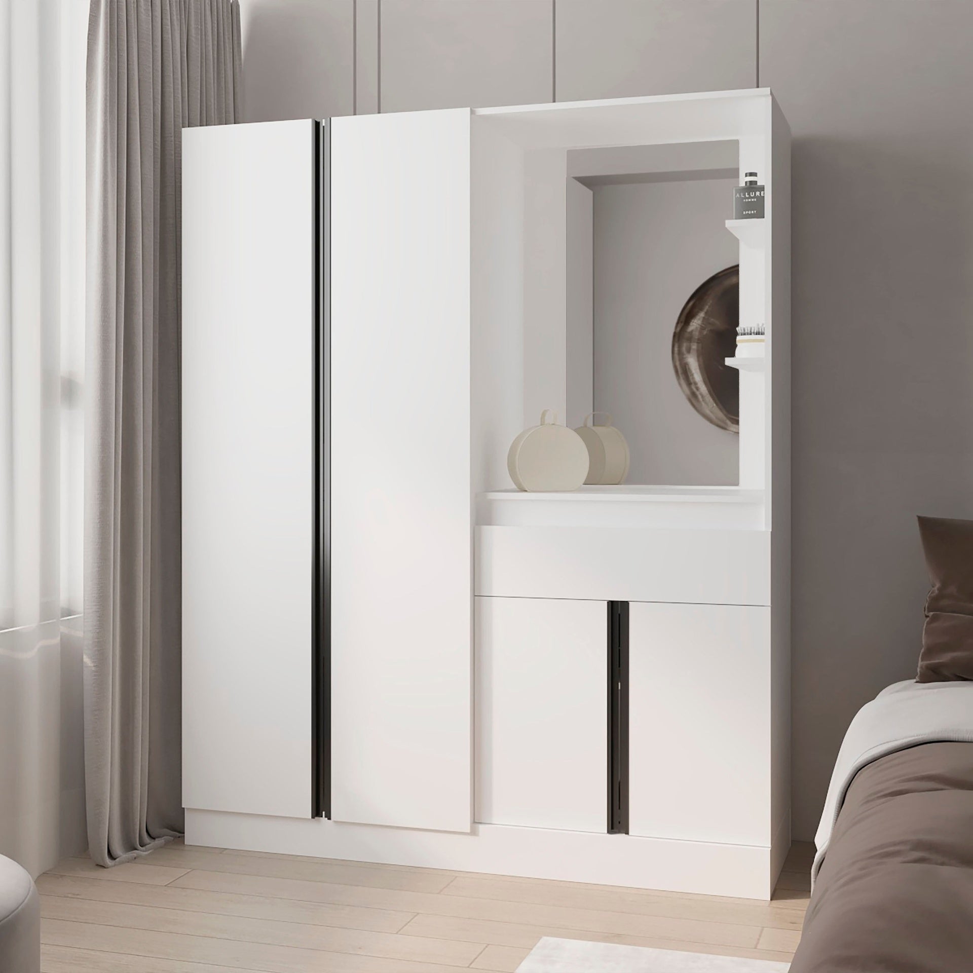 White Wardrobe with Vanity Mirror and Storage