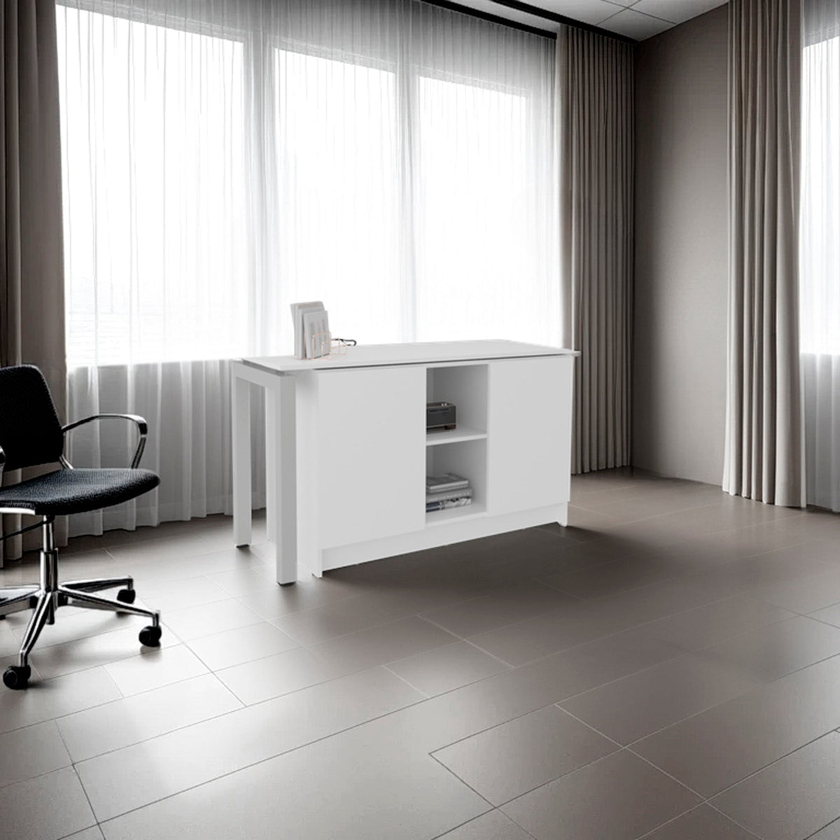 White 2-Shelf Desk with Space-Saving Design