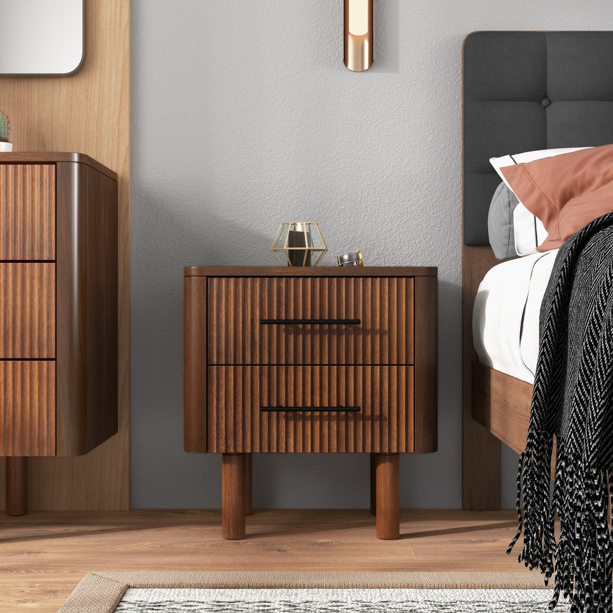 Logan Mid Century Modern Walnut Nightstand Bed Side Tables With 2 Drawers