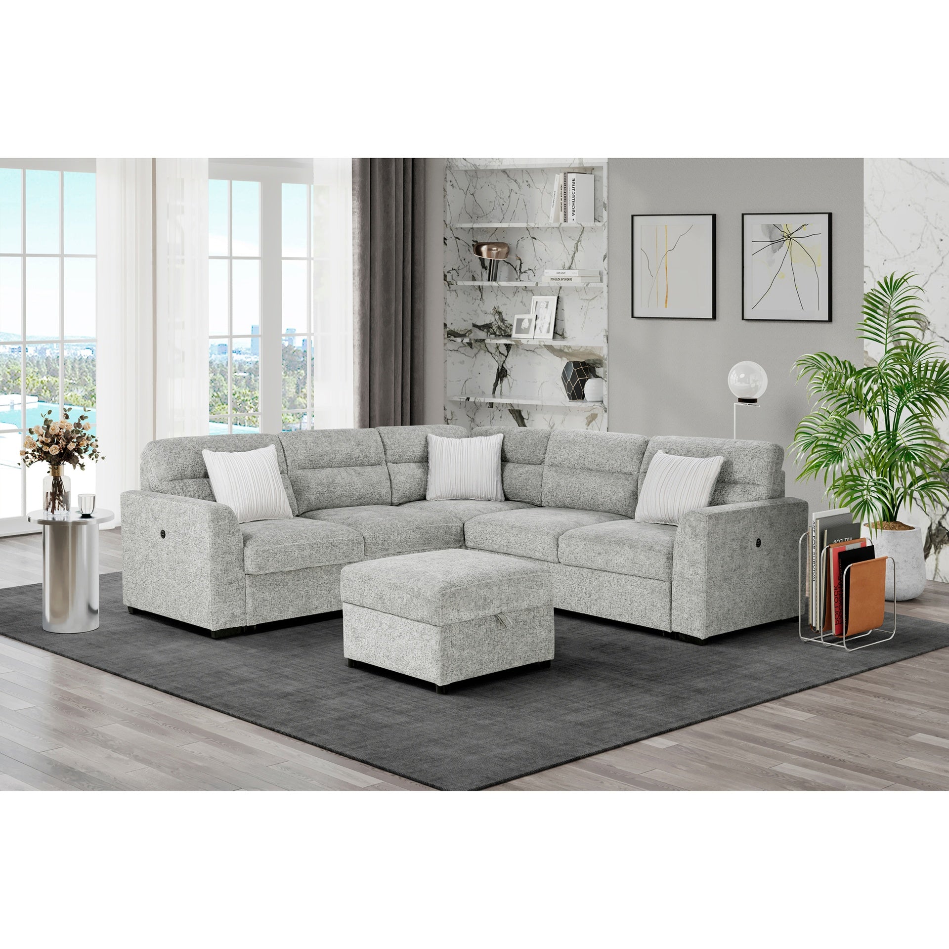 Emiliano Nickel Sectional with 3 Pillows and Storage Ottoman