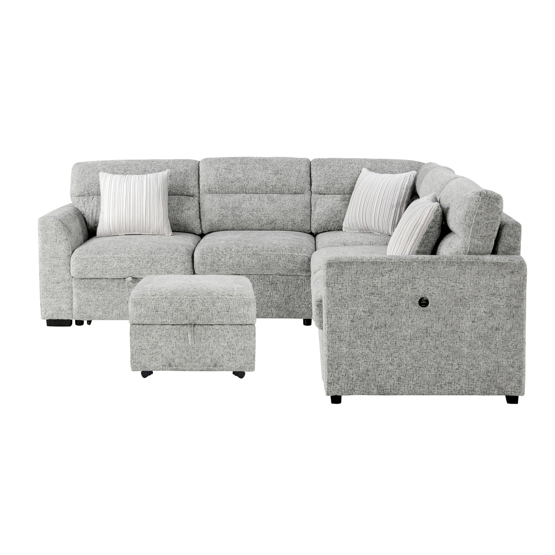 Emiliano Nickel Sectional with 3 Pillows and Storage Ottoman
