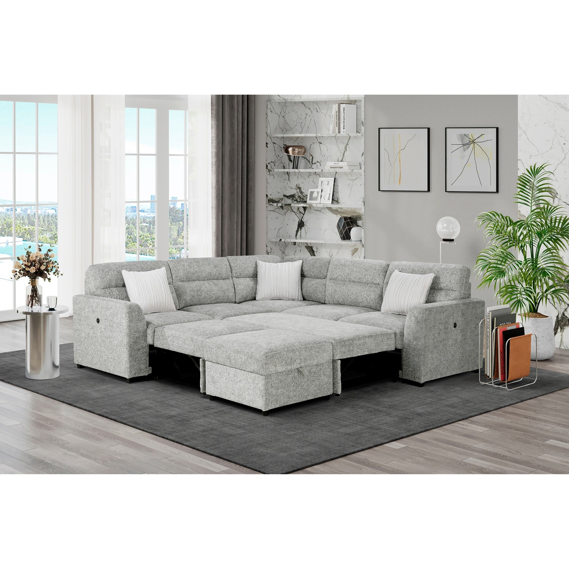Emiliano Nickel Sectional with 3 Pillows and Storage Ottoman