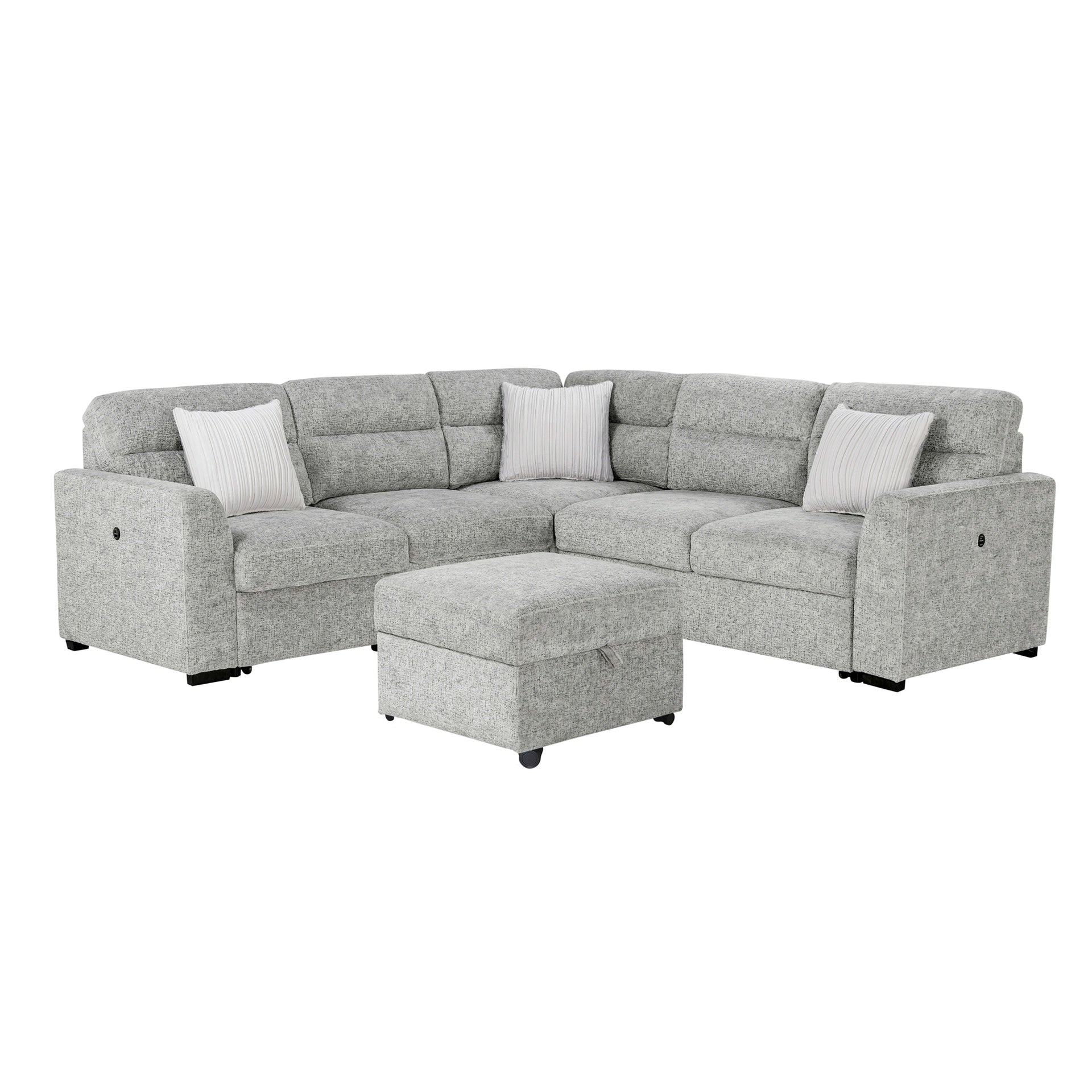 Emiliano Nickel Sectional with 3 Pillows and Storage Ottoman