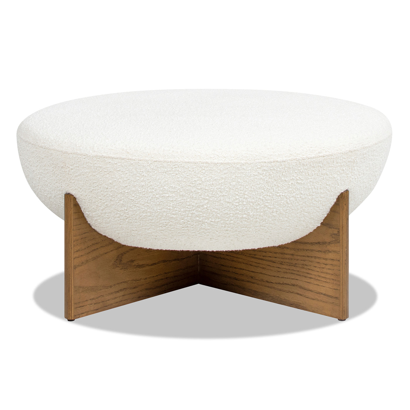 Bali 37" Round Upholstered Cocktail Ottoman with Natural Wood Base, Ivory White Boucle
