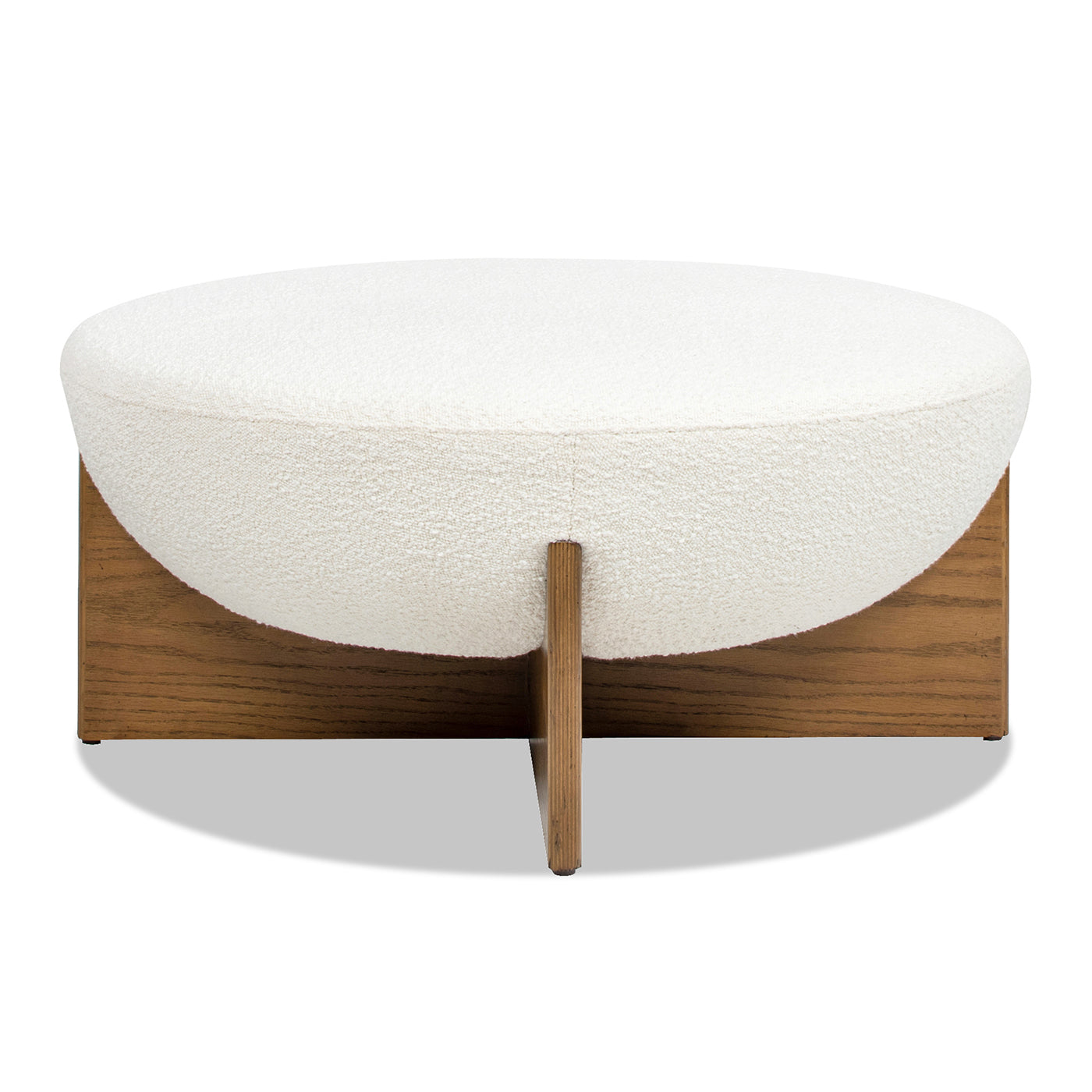 Bali 37" Round Upholstered Cocktail Ottoman with Natural Wood Base, Ivory White Boucle