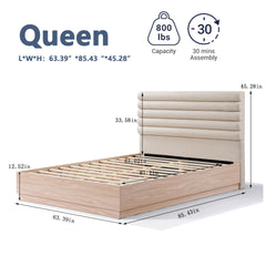 Queen Wood Bed Frame with Boucle Fabric Upholstered Headboard