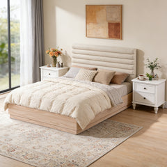 Queen Wood Bed Frame with Boucle Fabric Upholstered Headboard