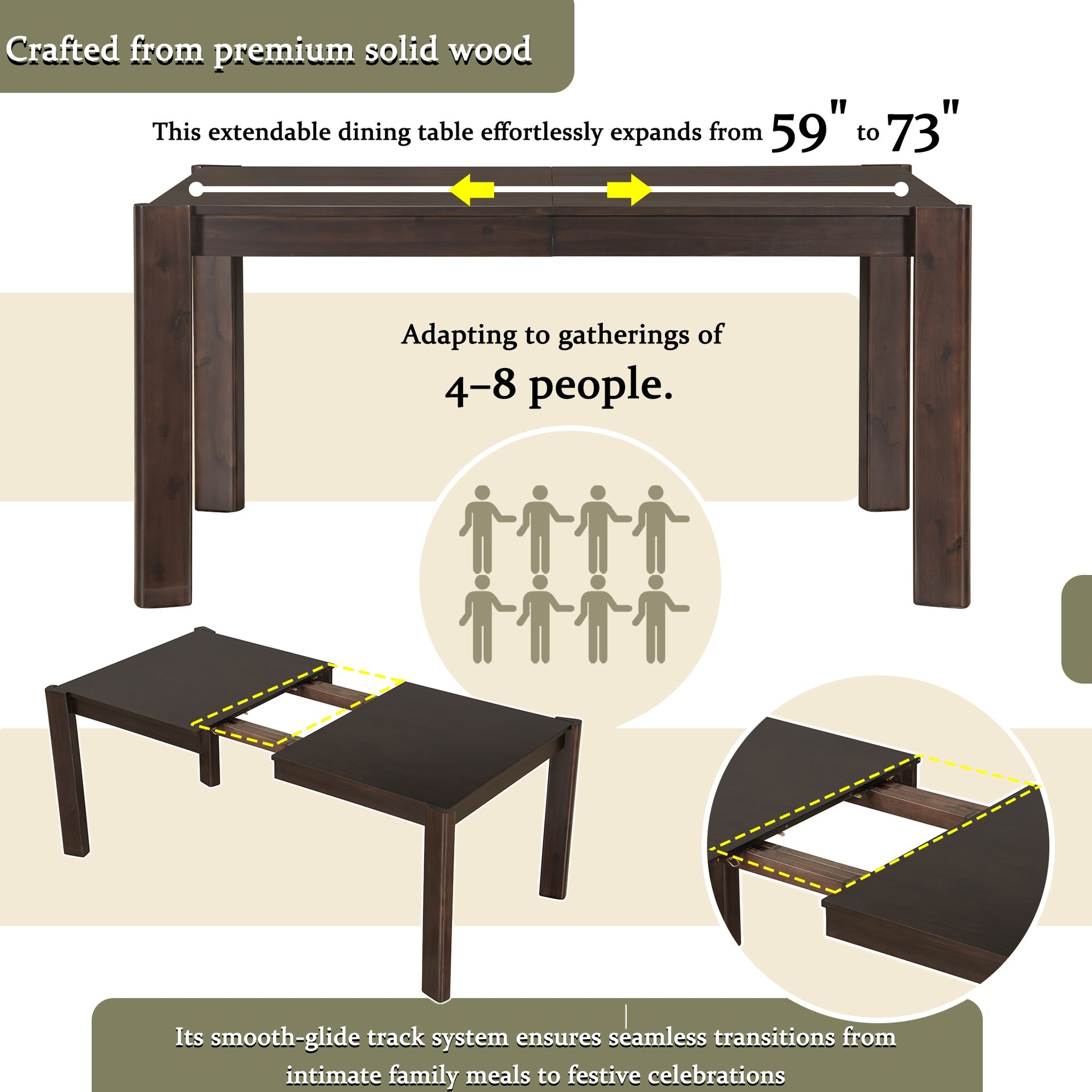 Expandable Farmhouse Modern Solid Wood Dining Table – Space-Saving Design in Walnut(59" to 73")