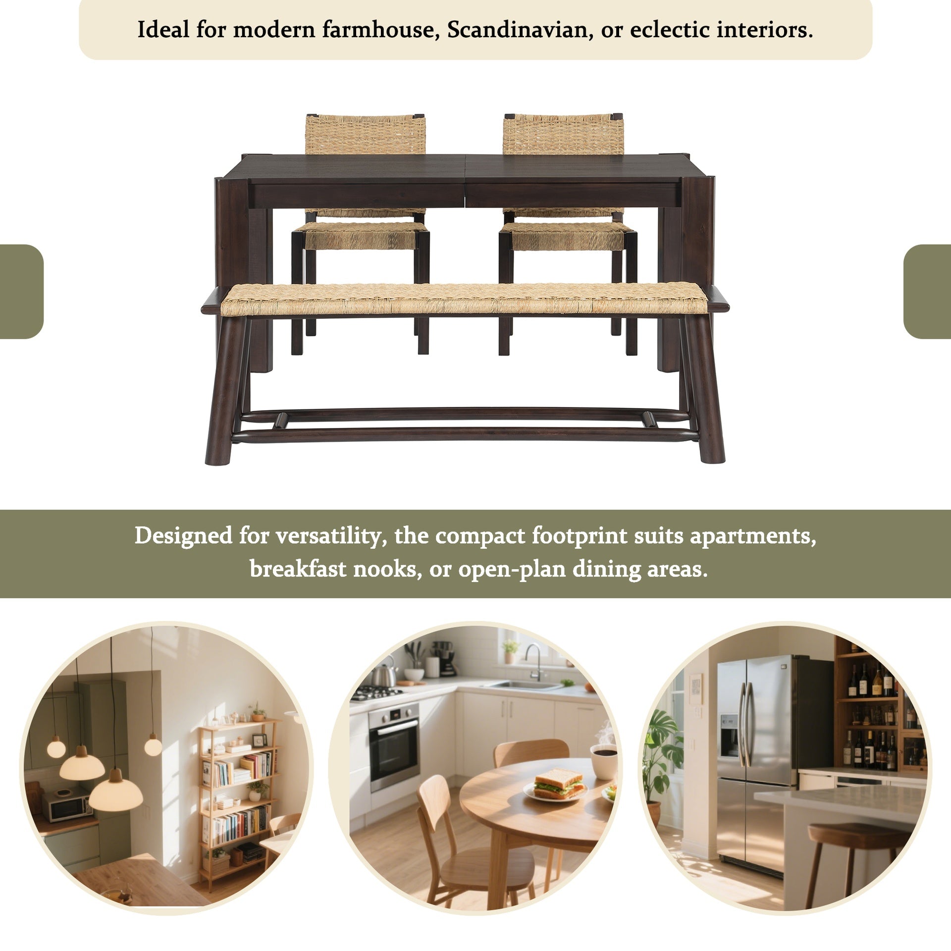 Expandable Farmhouse Modern Solid Wood Dining Table – Space-Saving Design in Walnut(59" to 73")