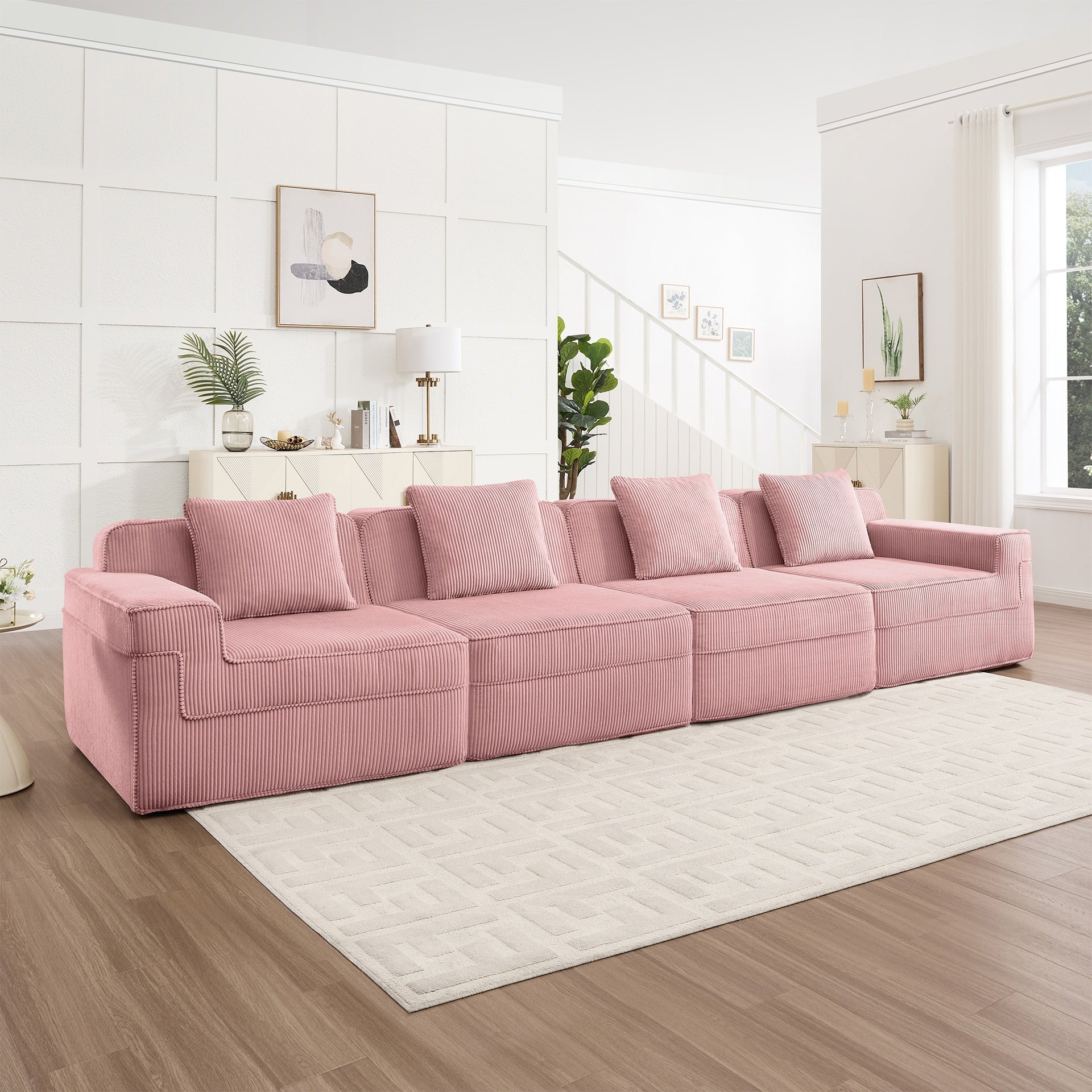 Modular 4 Seat Boneless Sofa, Cloud Sectional Couch with Deep Seat, Modern Modular 4-Seat Sofa Couch with Throw Pillows Corduroy Fabric Pink