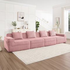 Modular 4 Seat Boneless Sofa, Cloud Sectional Couch with Deep Seat, Modern Modular 4-Seat Sofa Couch with Throw Pillows Corduroy Fabric Pink