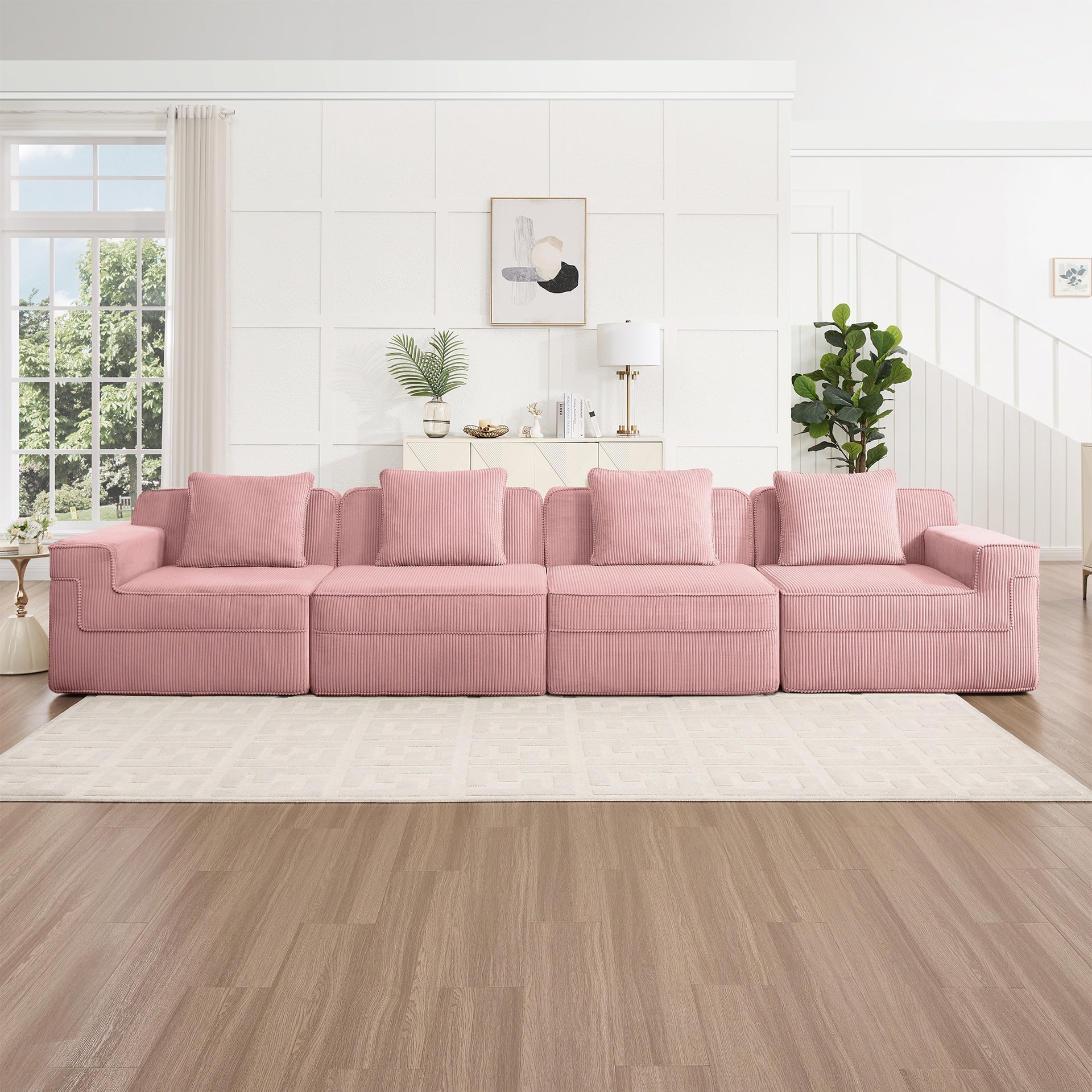 Modular 4 Seat Boneless Sofa, Cloud Sectional Couch with Deep Seat, Modern Modular 4-Seat Sofa Couch with Throw Pillows Corduroy Fabric Pink
