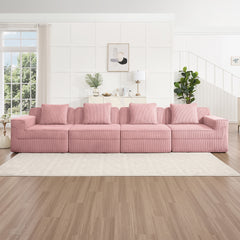 Modular 4 Seat Boneless Sofa, Cloud Sectional Couch with Deep Seat, Modern Modular 4-Seat Sofa Couch with Throw Pillows Corduroy Fabric Pink