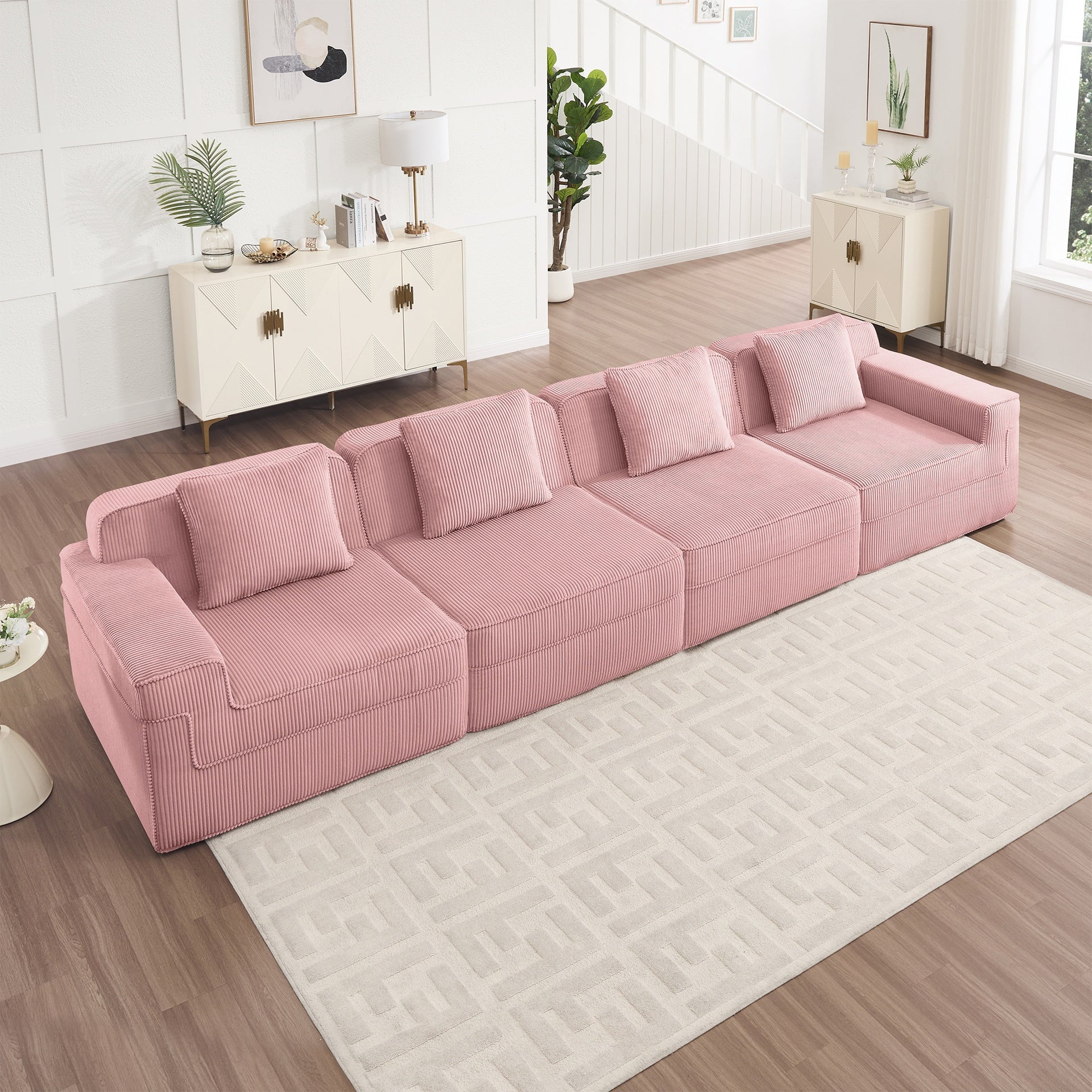 Modular 4 Seat Boneless Sofa, Cloud Sectional Couch with Deep Seat, Modern Modular 4-Seat Sofa Couch with Throw Pillows Corduroy Fabric Pink