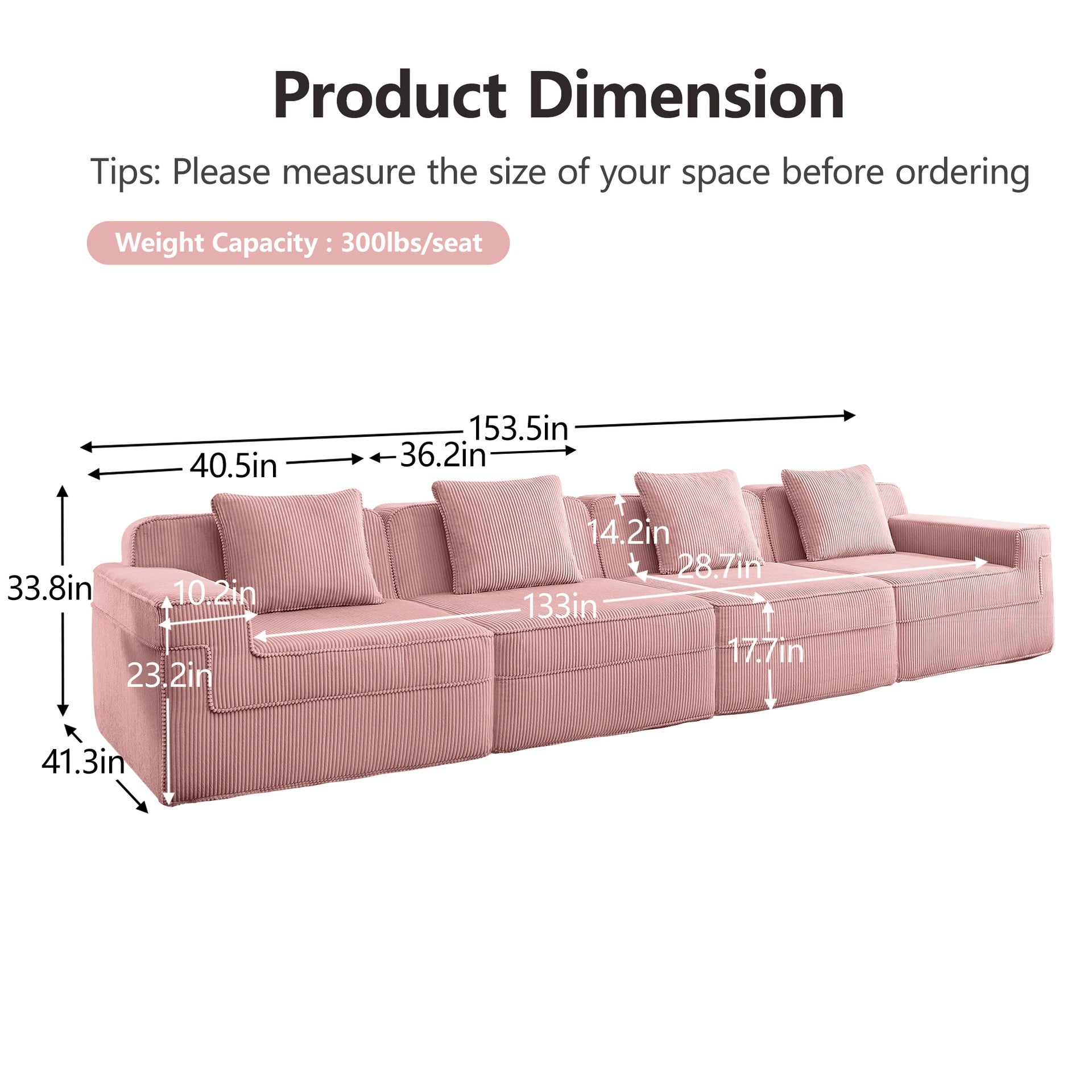 Modular 4 Seat Boneless Sofa, Cloud Sectional Couch with Deep Seat, Modern Modular 4-Seat Sofa Couch with Throw Pillows Corduroy Fabric Pink