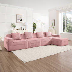 Modular 4 Seat L Shape Sectional Boneless Sofa, Cloud Sectional Couch with Deep Seat, Modern Modular 4-Seat Sofa Couch with Throw Pillows and 1 Movable Ottoman, Corduroy Fabric Pink