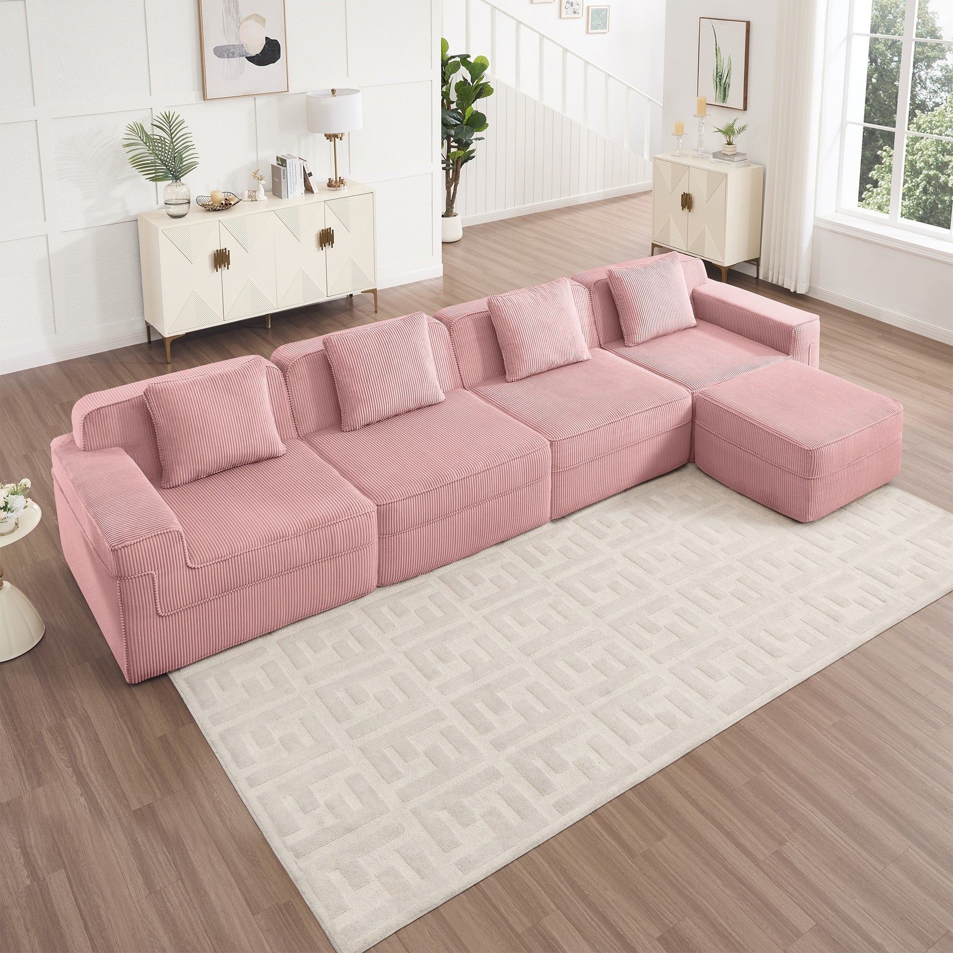 Modular 4 Seat L Shape Sectional Boneless Sofa, Cloud Sectional Couch with Deep Seat, Modern Modular 4-Seat Sofa Couch with Throw Pillows and 1 Movable Ottoman, Corduroy Fabric Pink