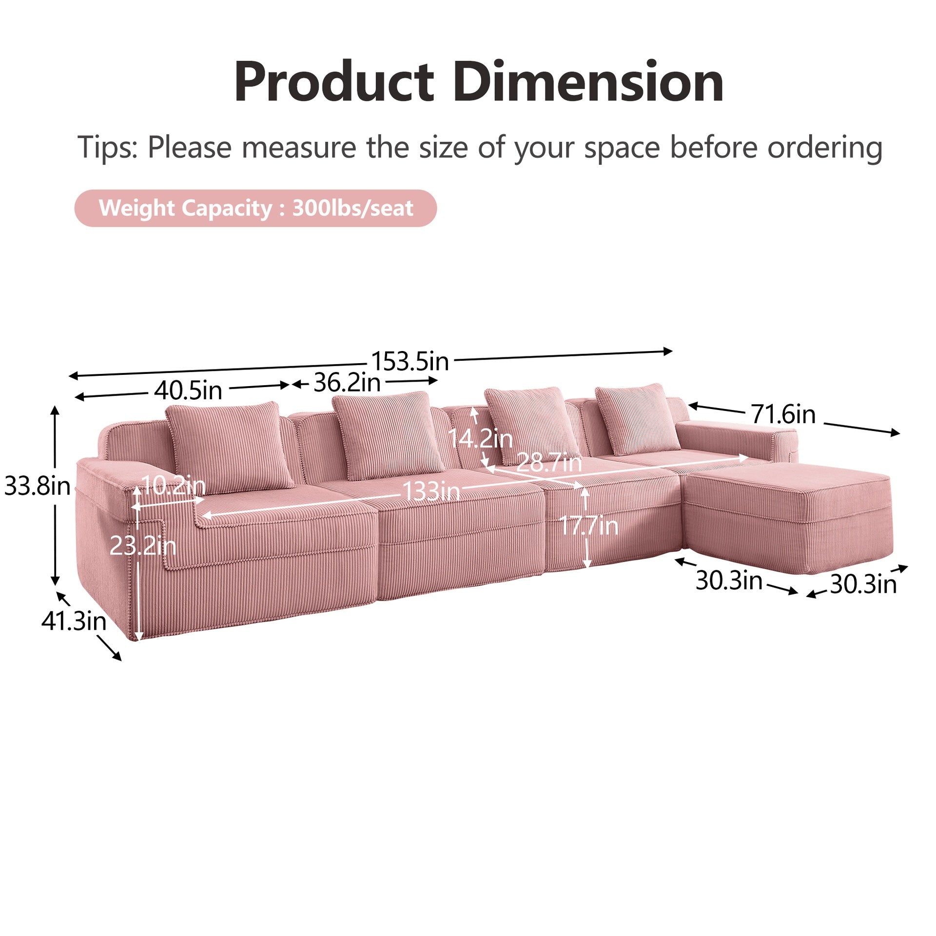 Modular 4 Seat L Shape Sectional Boneless Sofa, Cloud Sectional Couch with Deep Seat, Modern Modular 4-Seat Sofa Couch with Throw Pillows and 1 Movable Ottoman, Corduroy Fabric Pink