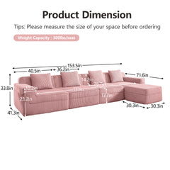 Modular 4 Seat L Shape Sectional Boneless Sofa, Cloud Sectional Couch with Deep Seat, Modern Modular 4-Seat Sofa Couch with Throw Pillows and 1 Movable Ottoman, Corduroy Fabric Pink