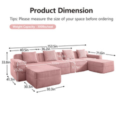 Modular 4 Seat U Shape Sectional Boneless Sofa, Cloud Sectional Couch with Deep Seat, Modern Modular 4-Seat Sofa Couch with Throw Pillows and 2 Movable Ottomans, Corduroy Fabric Pink