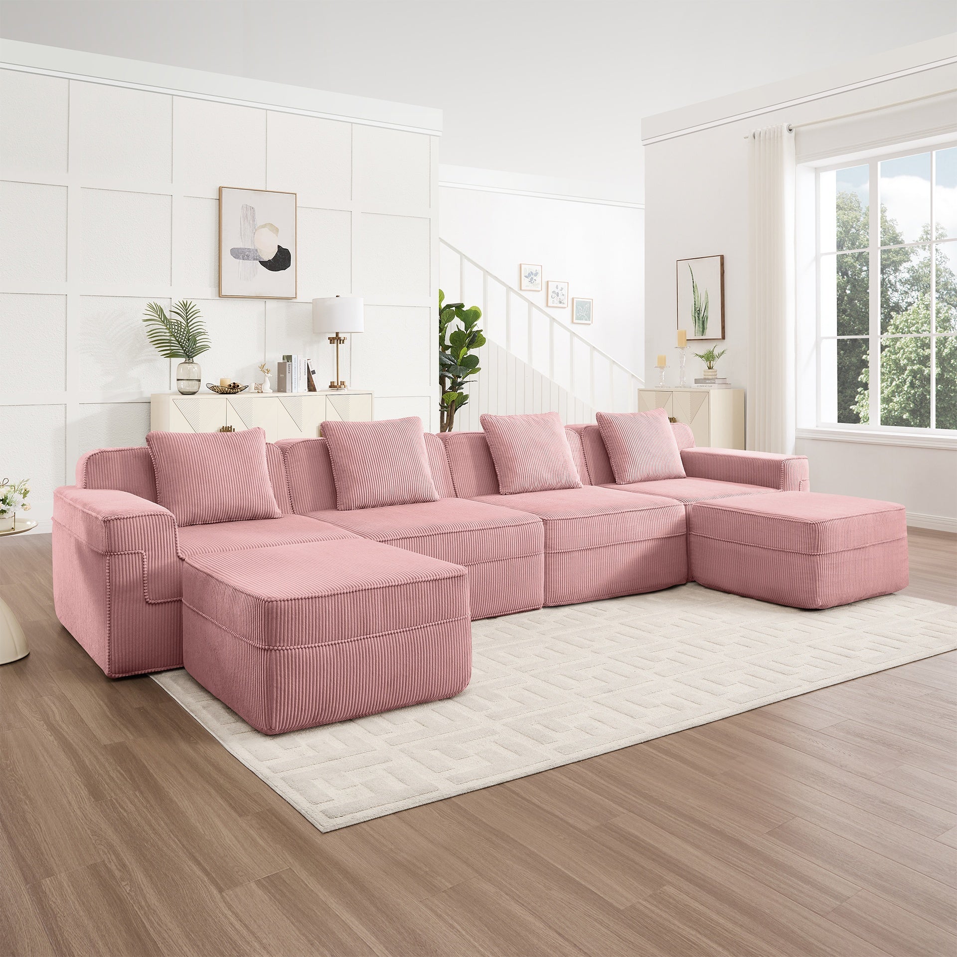 Modular 4 Seat U Shape Sectional Boneless Sofa, Cloud Sectional Couch with Deep Seat, Modern Modular 4-Seat Sofa Couch with Throw Pillows and 2 Movable Ottomans, Corduroy Fabric Pink