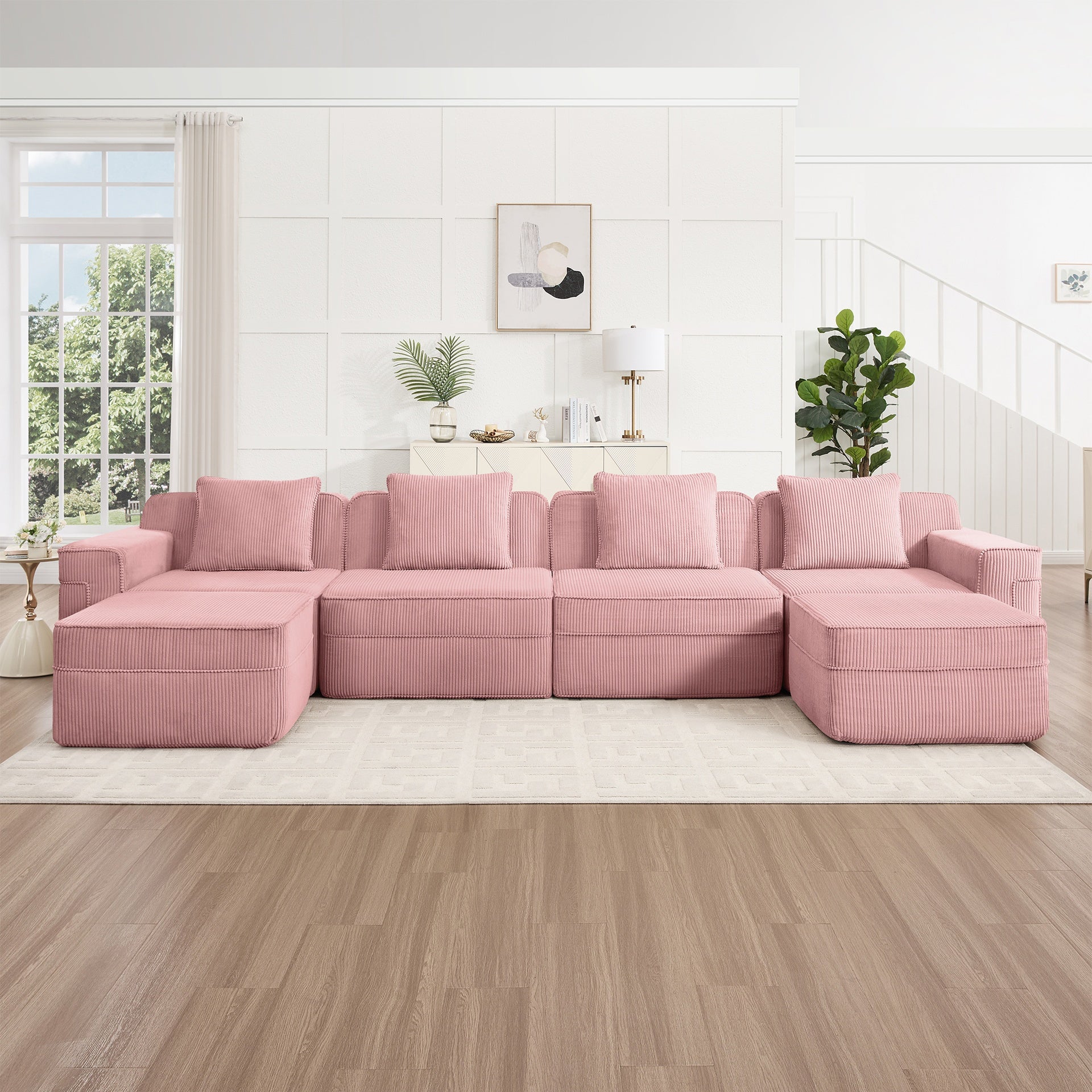 Modular 4 Seat U Shape Sectional Boneless Sofa, Cloud Sectional Couch with Deep Seat, Modern Modular 4-Seat Sofa Couch with Throw Pillows and 2 Movable Ottomans, Corduroy Fabric Pink