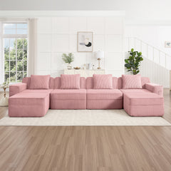 Modular 4 Seat U Shape Sectional Boneless Sofa, Cloud Sectional Couch with Deep Seat, Modern Modular 4-Seat Sofa Couch with Throw Pillows and 2 Movable Ottomans, Corduroy Fabric Pink