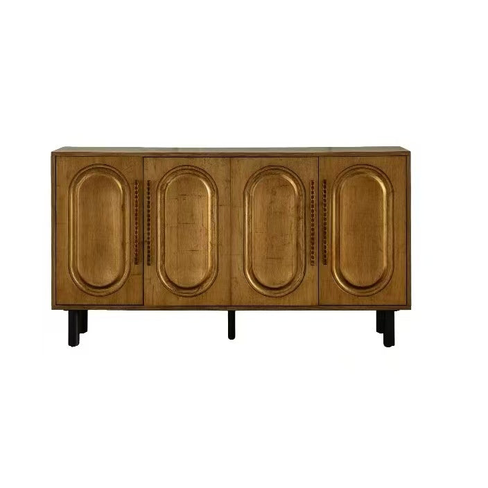 59.84" Gold-Toned 4-Door Sideboard Buffet Cabinet - Solid Wood & MDF Arched Door Storage Console Table for Dining Room/Living Room