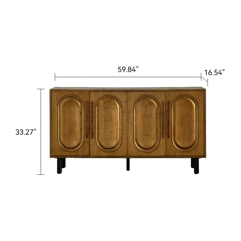 59.84" Gold-Toned 4-Door Sideboard Buffet Cabinet - Solid Wood & MDF Arched Door Storage Console Table for Dining Room/Living Room