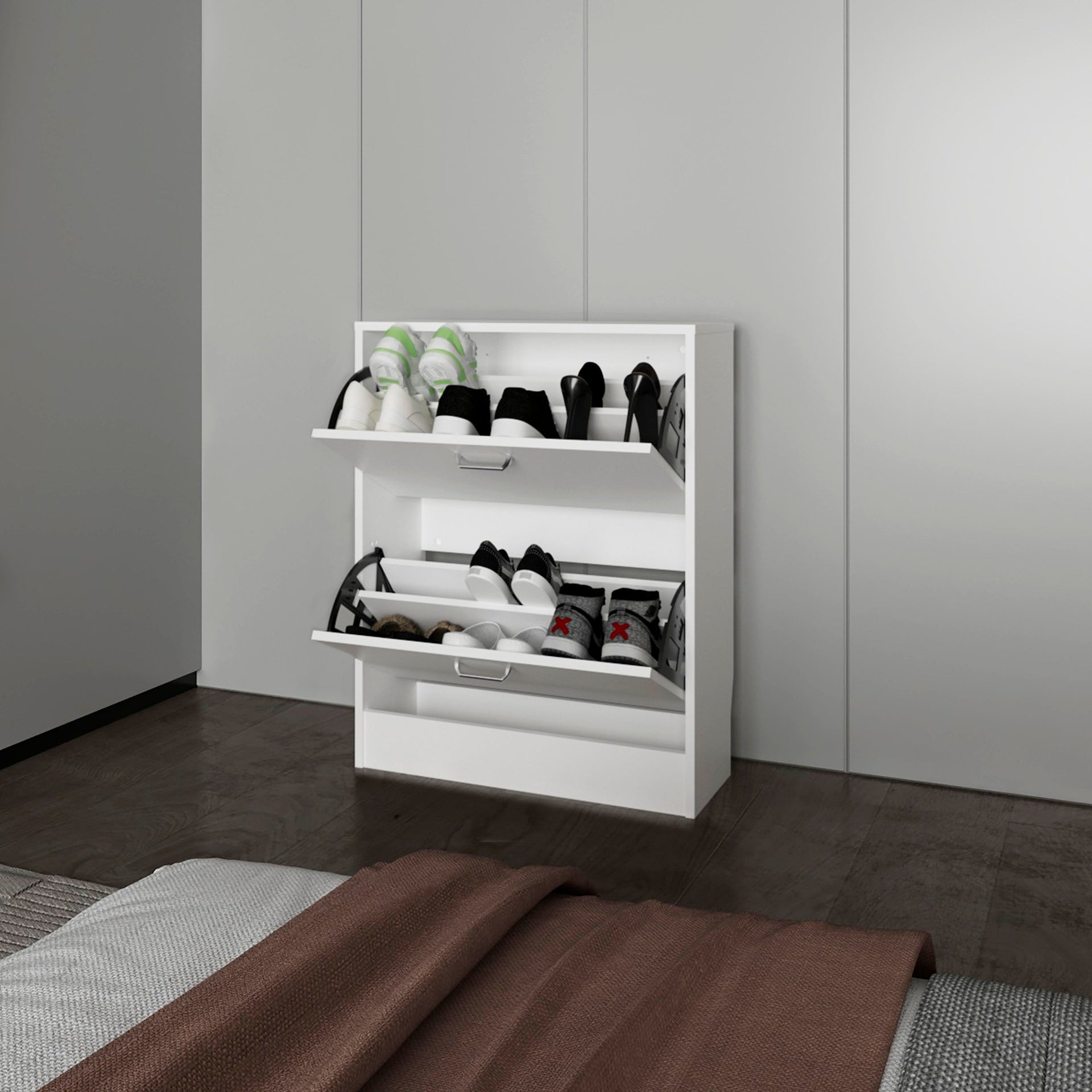 White Shoe Cabinet with 2 Tilt-Out Doors